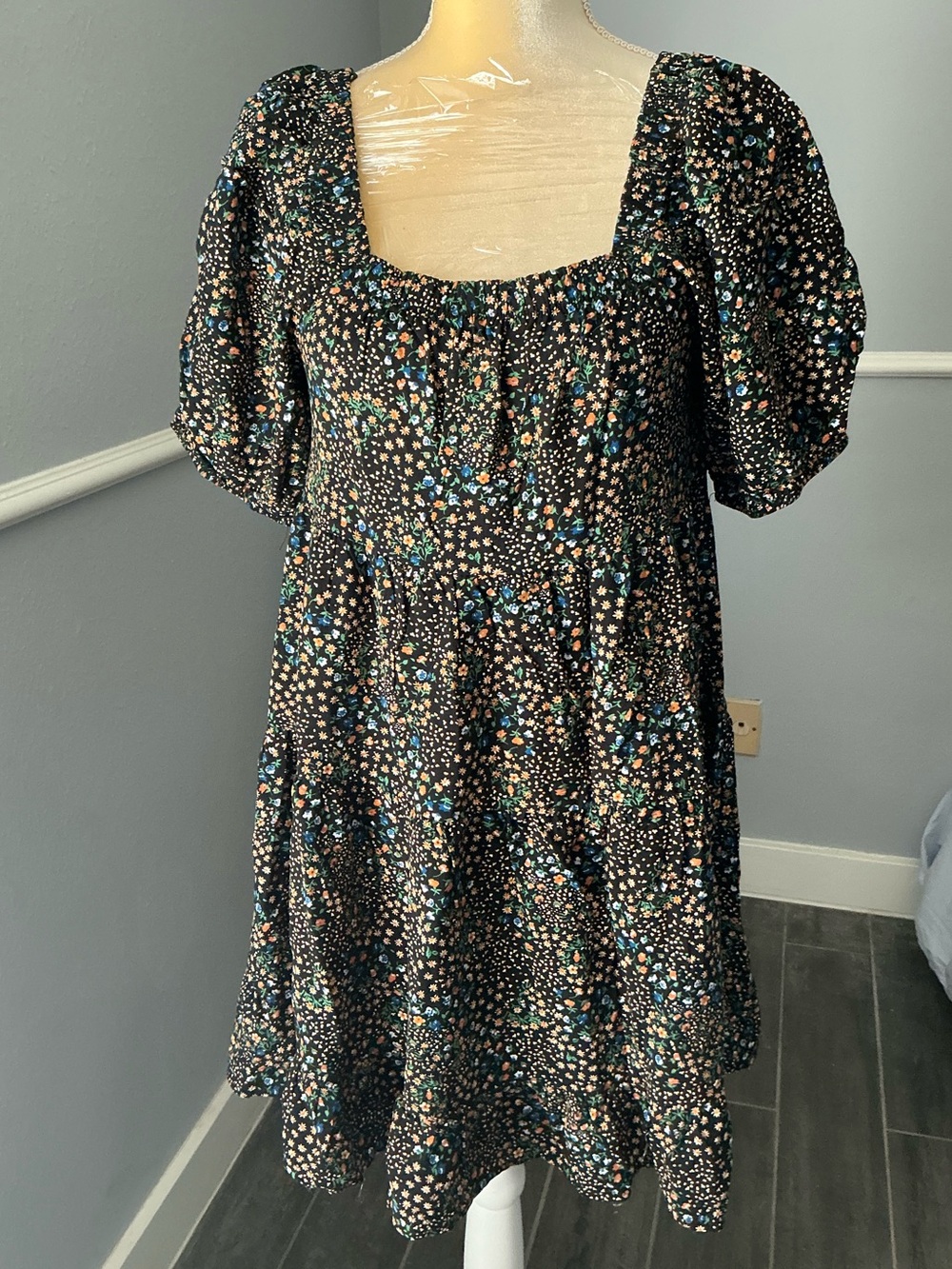 Wild fable Black Floral Square-Neck Puff Sleeve Dress